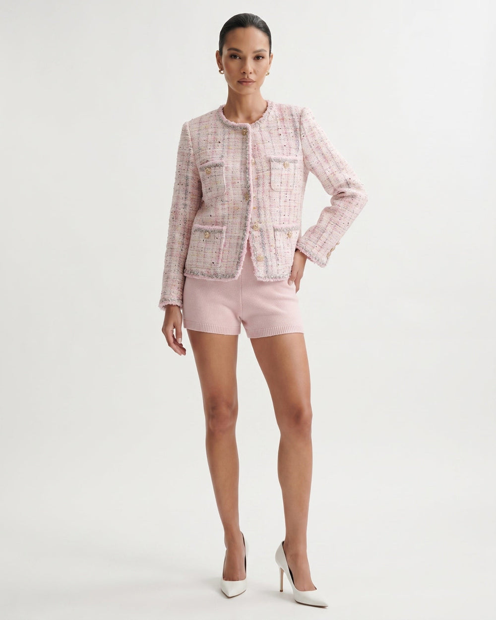 Tweed Wool Blend Cardigan Jacket with Button Front – Pink