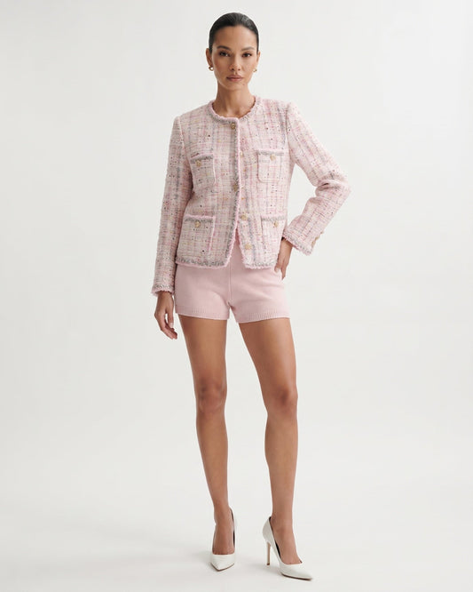 Tweed Wool Blend Cardigan Jacket with Button Front – Pink