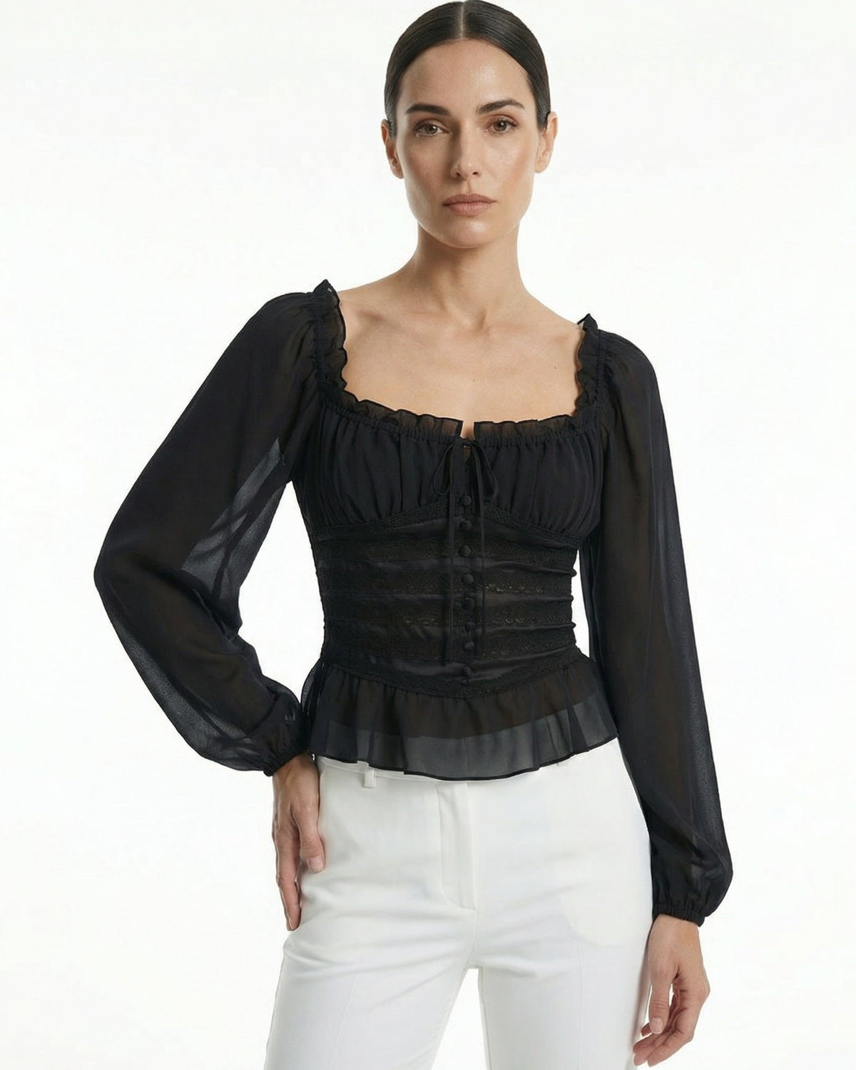 Slim Fit Long Sleeve Top with Ruffled Hem – Black – view 3