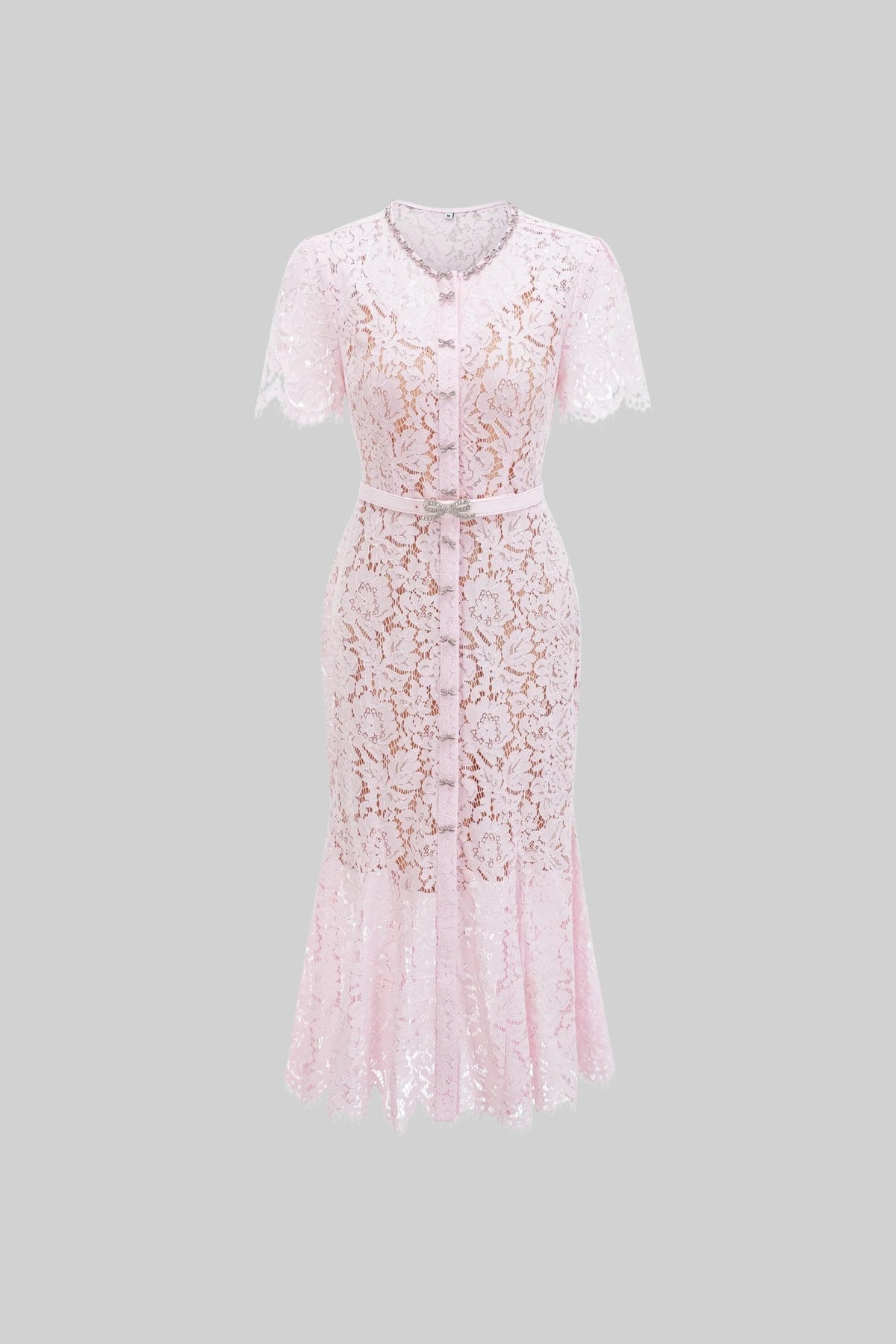 Floral Lace Midi Dress with Button Front and Scalloped Hem – Blush Pink – view 2