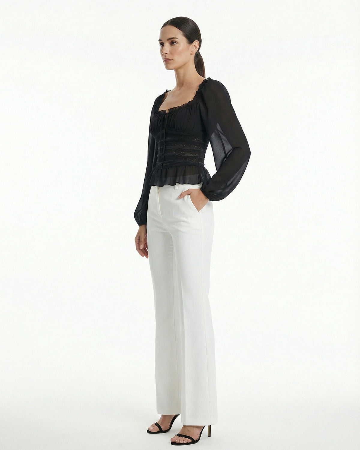 Slim Fit Long Sleeve Top with Ruffled Hem – Black – view 4