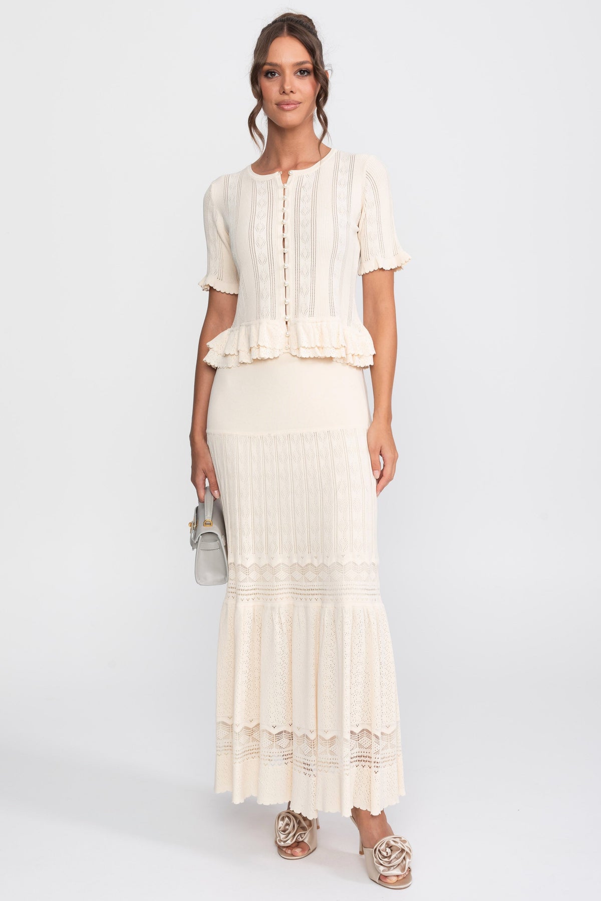 Ruffled Waist Knit Top and Maxi Skirt Set with Pearl Buttons – Ivory – view 1
