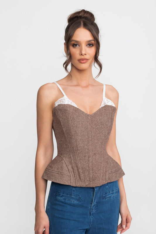 Tweed-Look Corset Top with Lace Straps and Peplum Hem – Brown