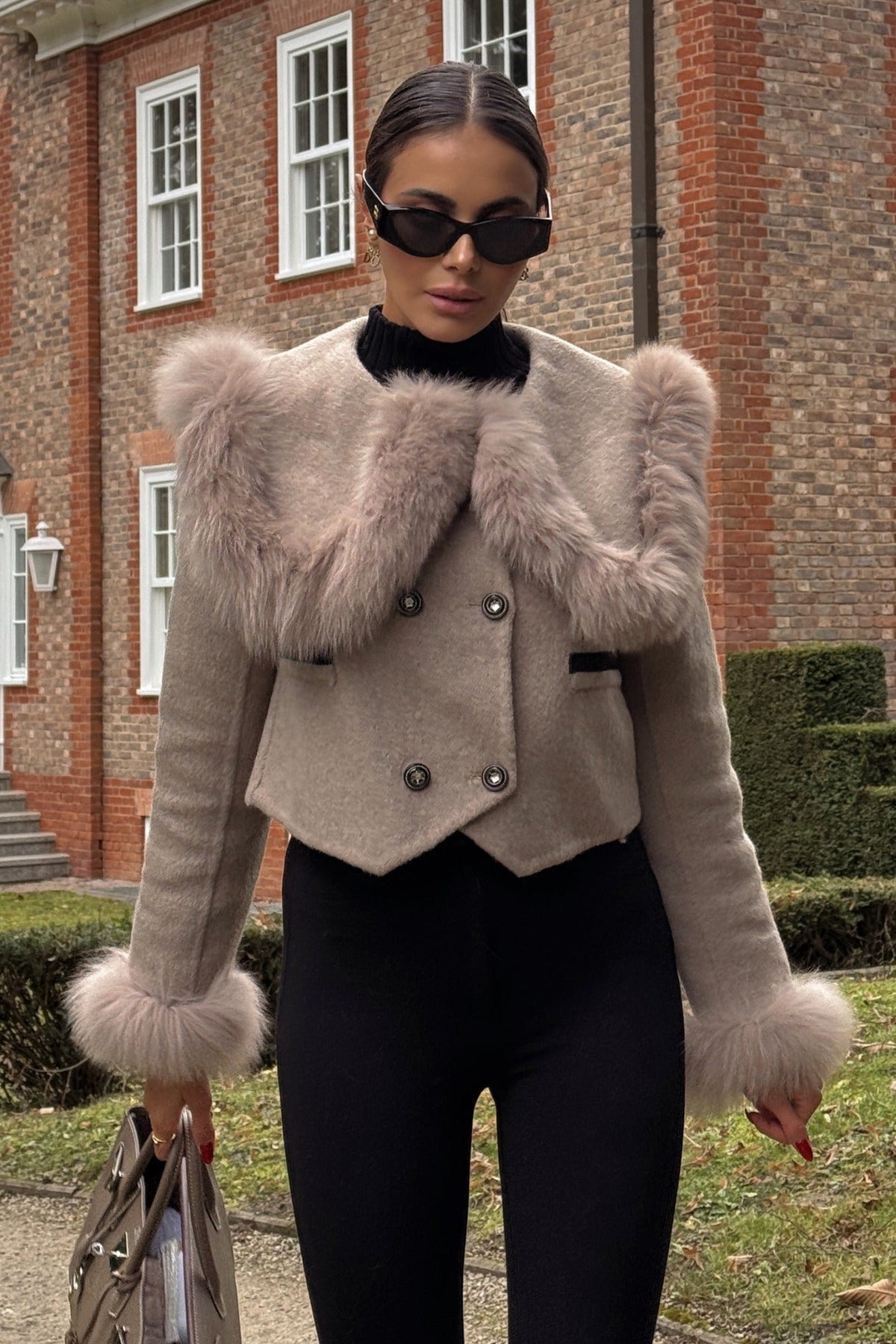 Double-Breasted Cropped Jacket with Trimmed Collar and Cuffs – Brown – view 3
