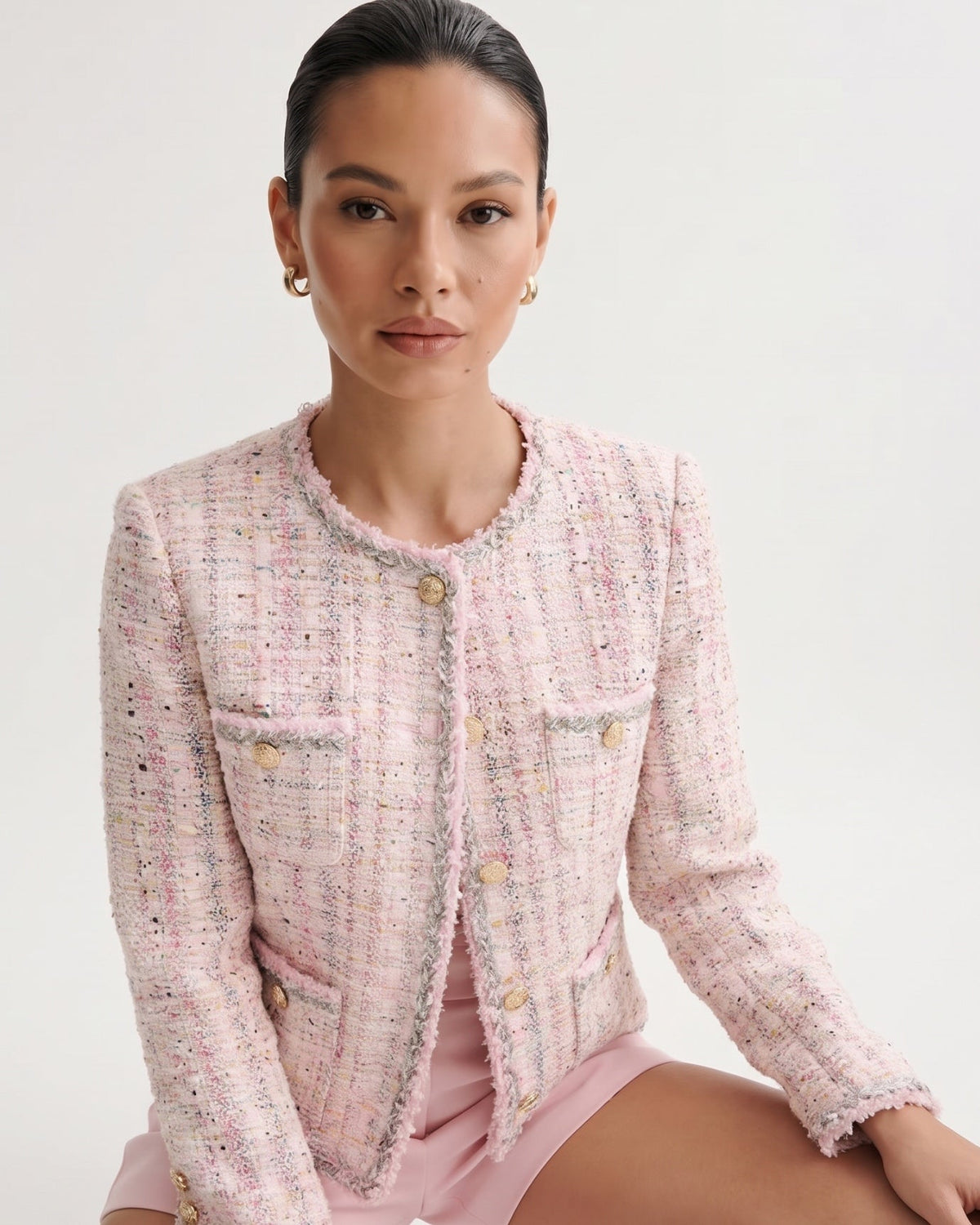 Tweed Wool Blend Cardigan Jacket with Button Front – Pink