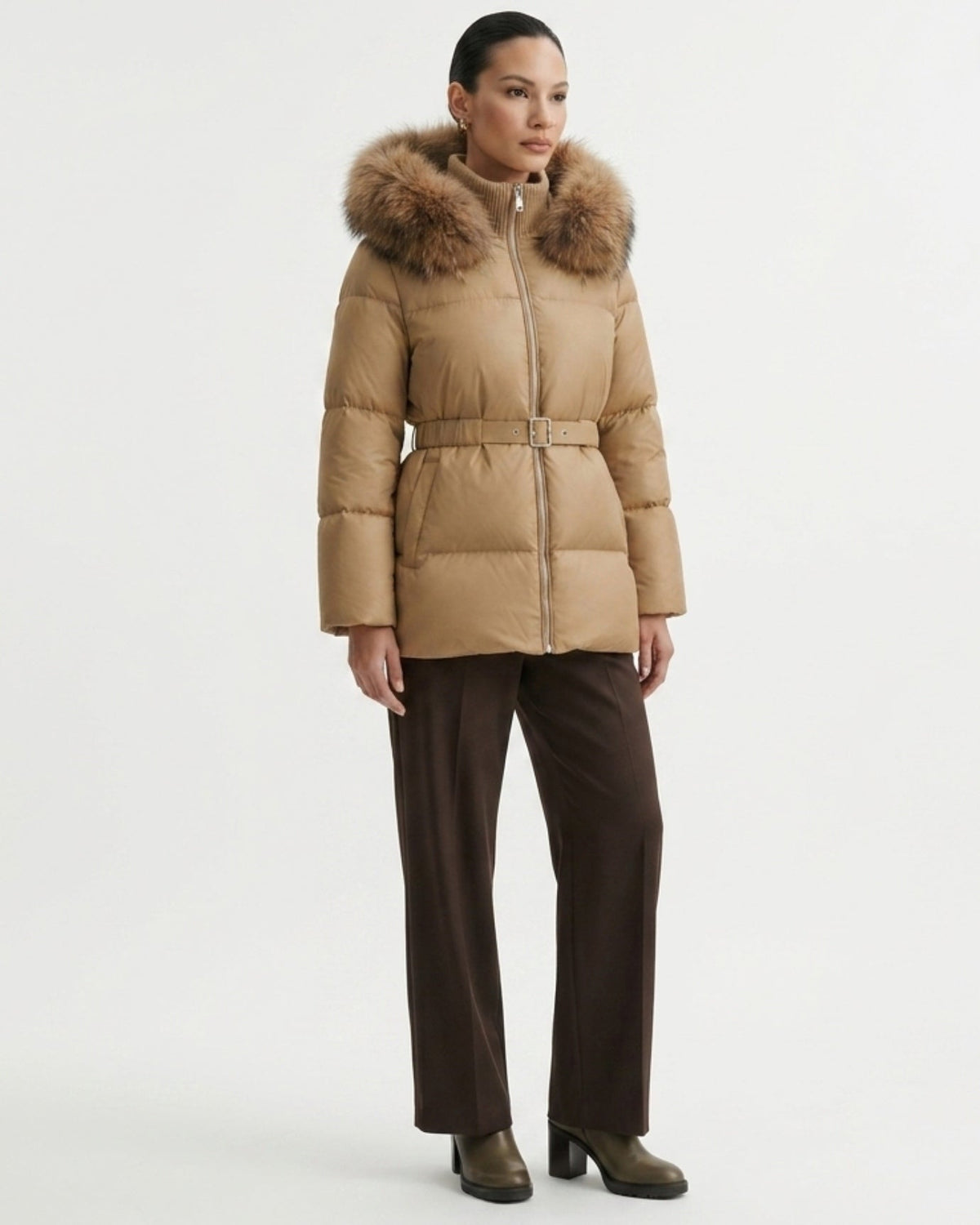 Goose Down Parka Coat with Trimmed Hood – view 7