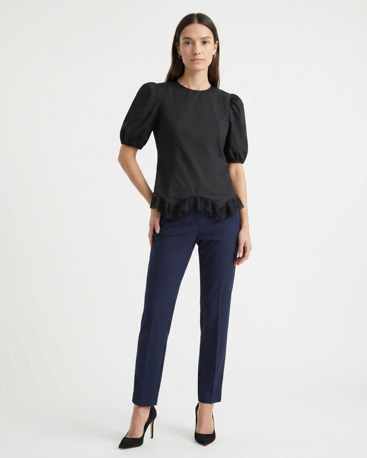 Mia Lace Shirt with Sheer Panels and Tailored Drape