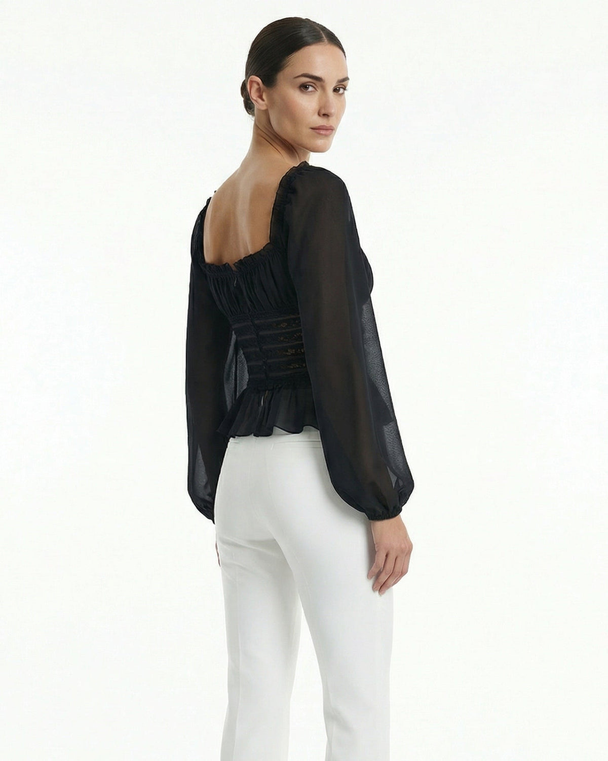 Slim Fit Long Sleeve Top with Ruffled Hem – Black – view 5