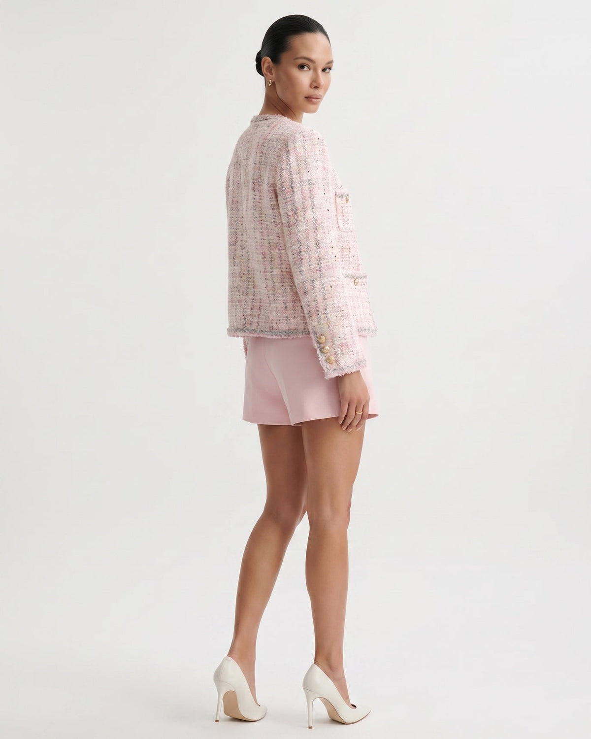 Tweed Wool Blend Cardigan Jacket with Button Front – Pink