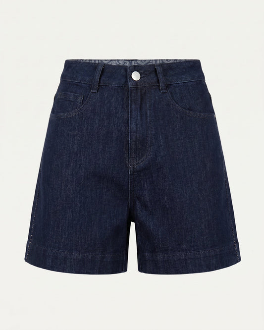 Mid Rise Relaxed Leg Cotton Blend Denim Shorts – Dark Blue