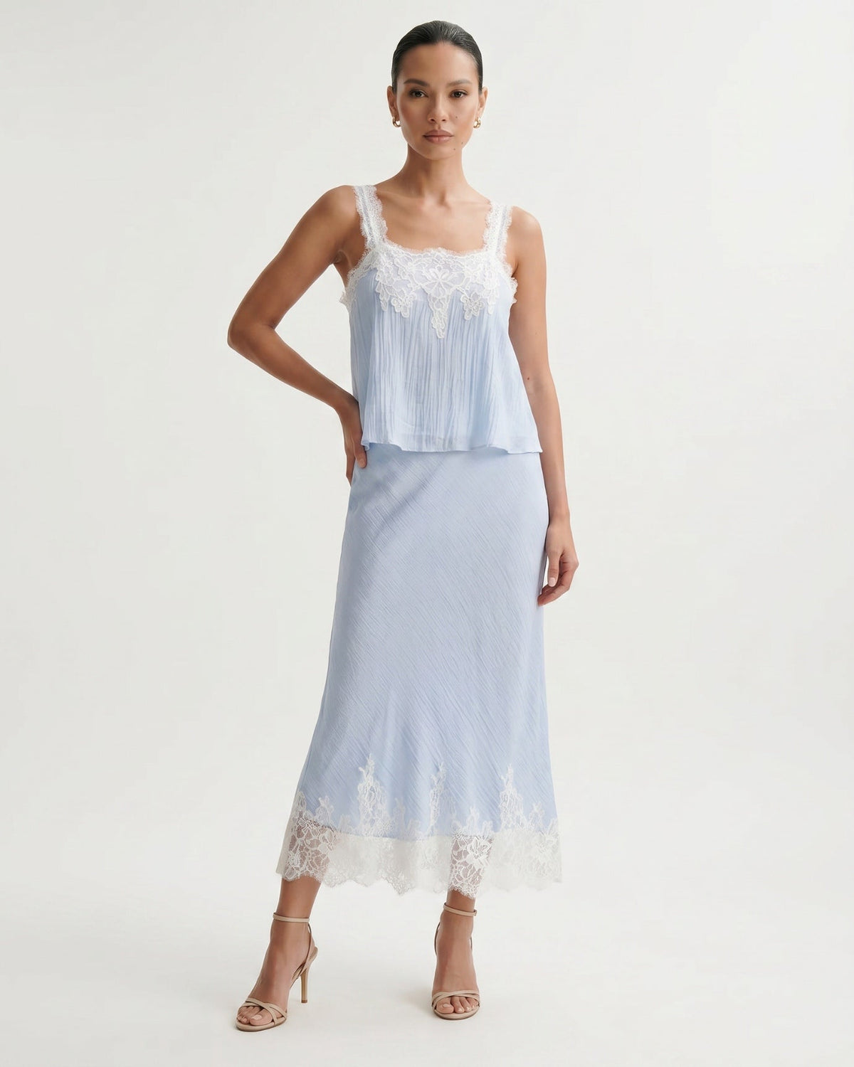 Lace Cropped Top and Skirt Two-Piece Co-ord Set – Light Blue