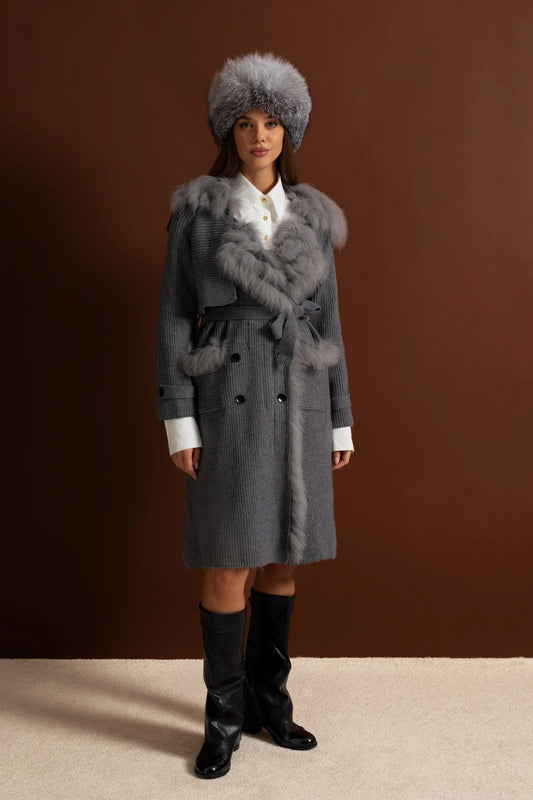Double-Breasted Wool Knit Belted Overcoat with Collar Trim – Grey – view 2
