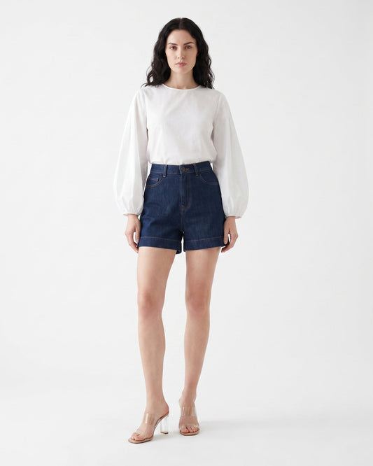 Mid Rise Relaxed Leg Cotton Blend Denim Shorts – Dark Blue