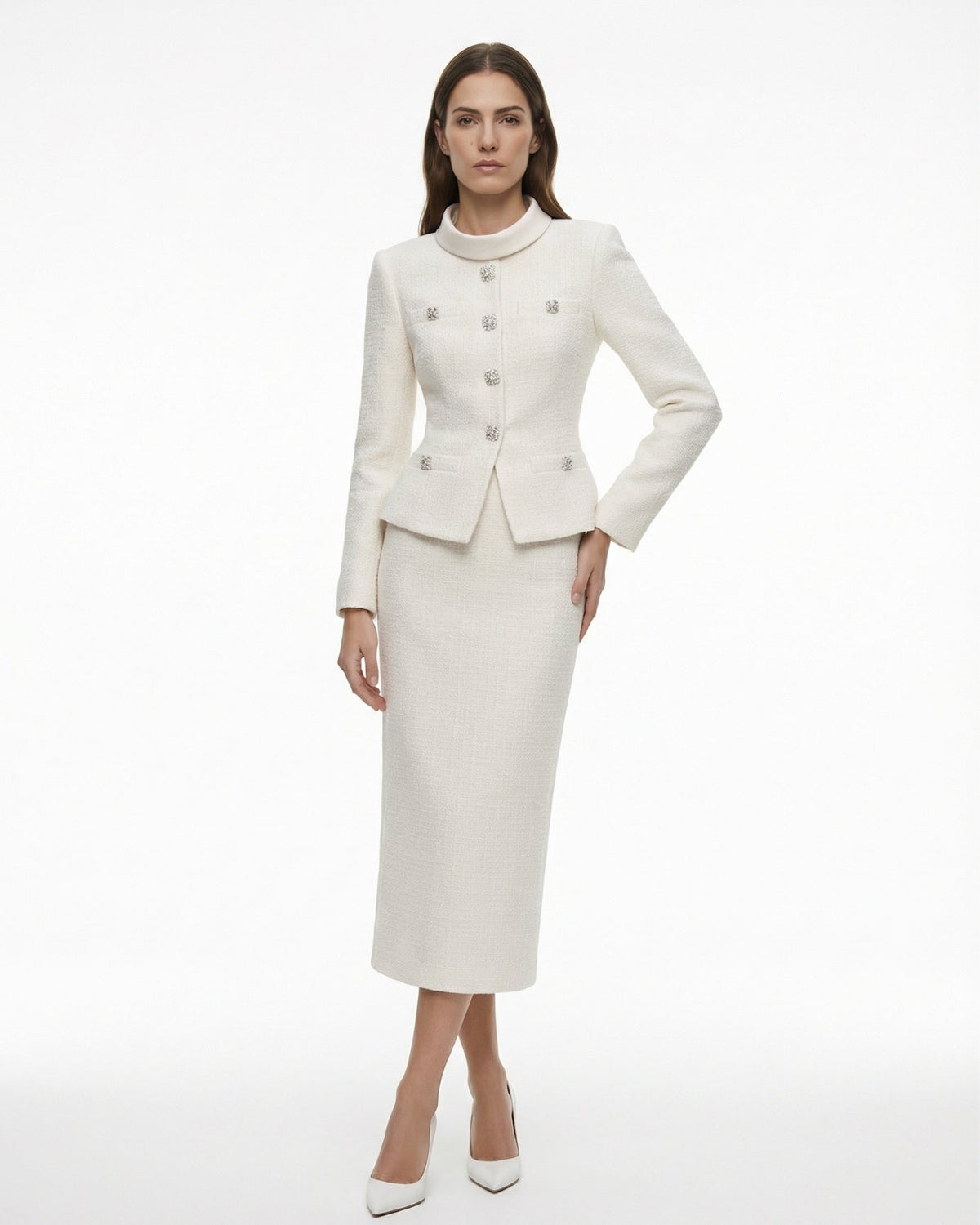 Diana Diamond Collar Longline Suit with Slim Midi Skirt – White