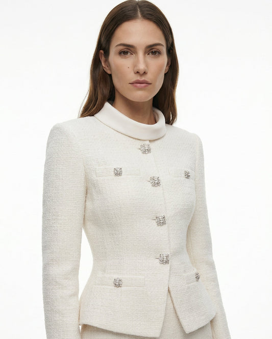 Diana Diamond Collar Longline Suit with Slim Midi Skirt – White