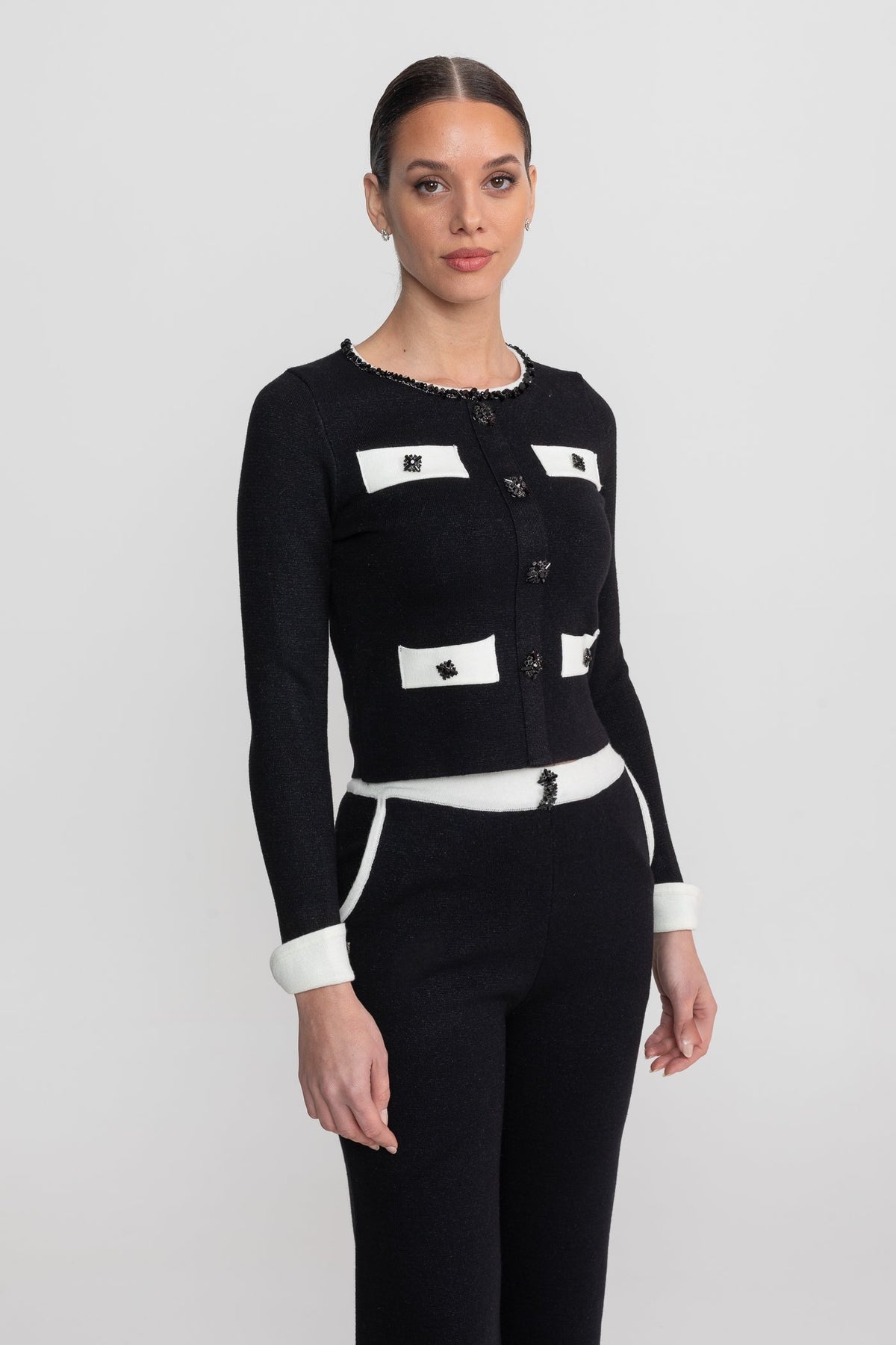 Cropped Knit Cardigan and Wide Leg Trousers Set with Contrast Trim – Black – view 3