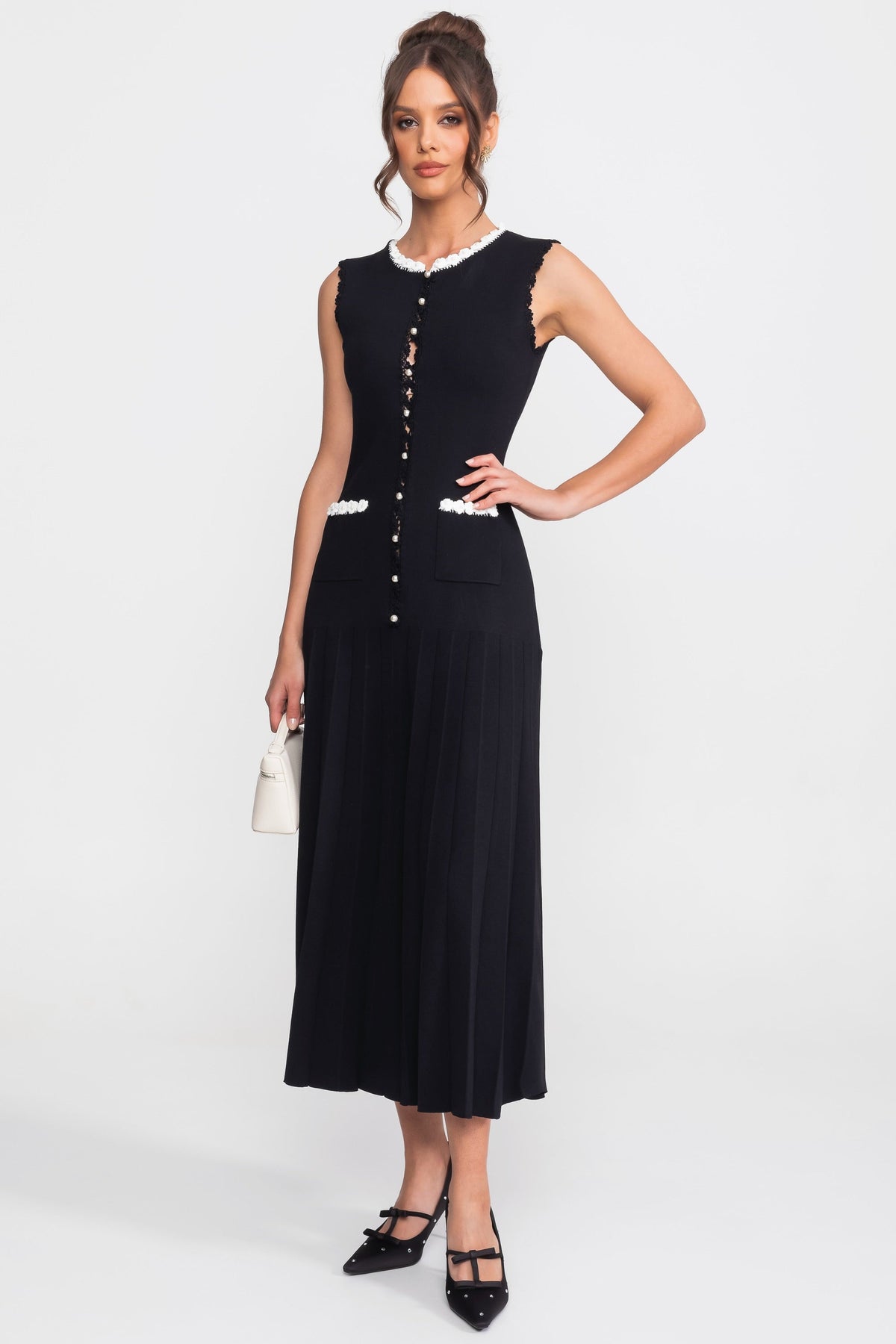 Sleeveless Knit Midi Dress with Pearl Trim and Pleated Skirt – Black