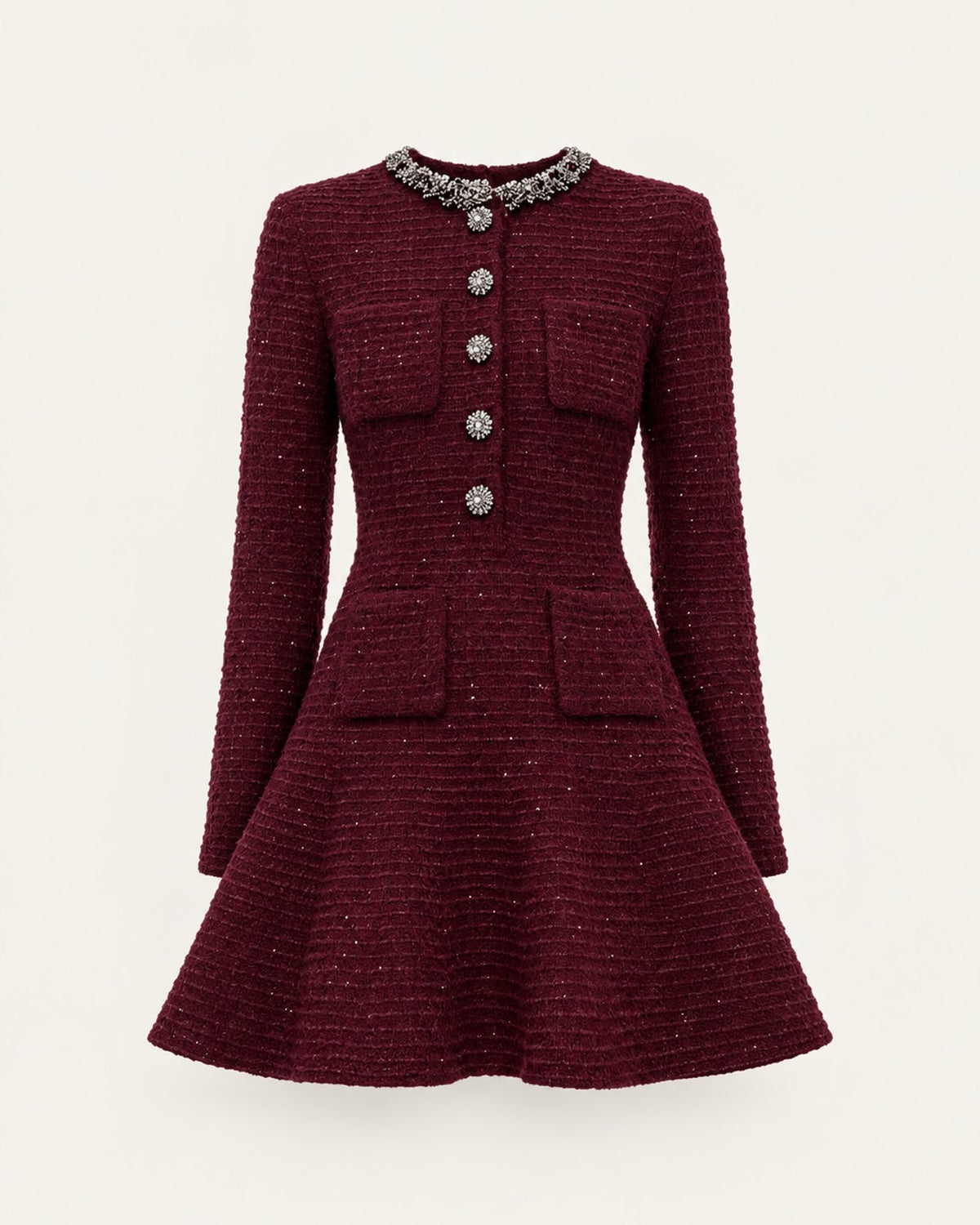 Long Sleeve Cotton Blend Knit Mini Dress – Burgundy – Deep Red – view 1