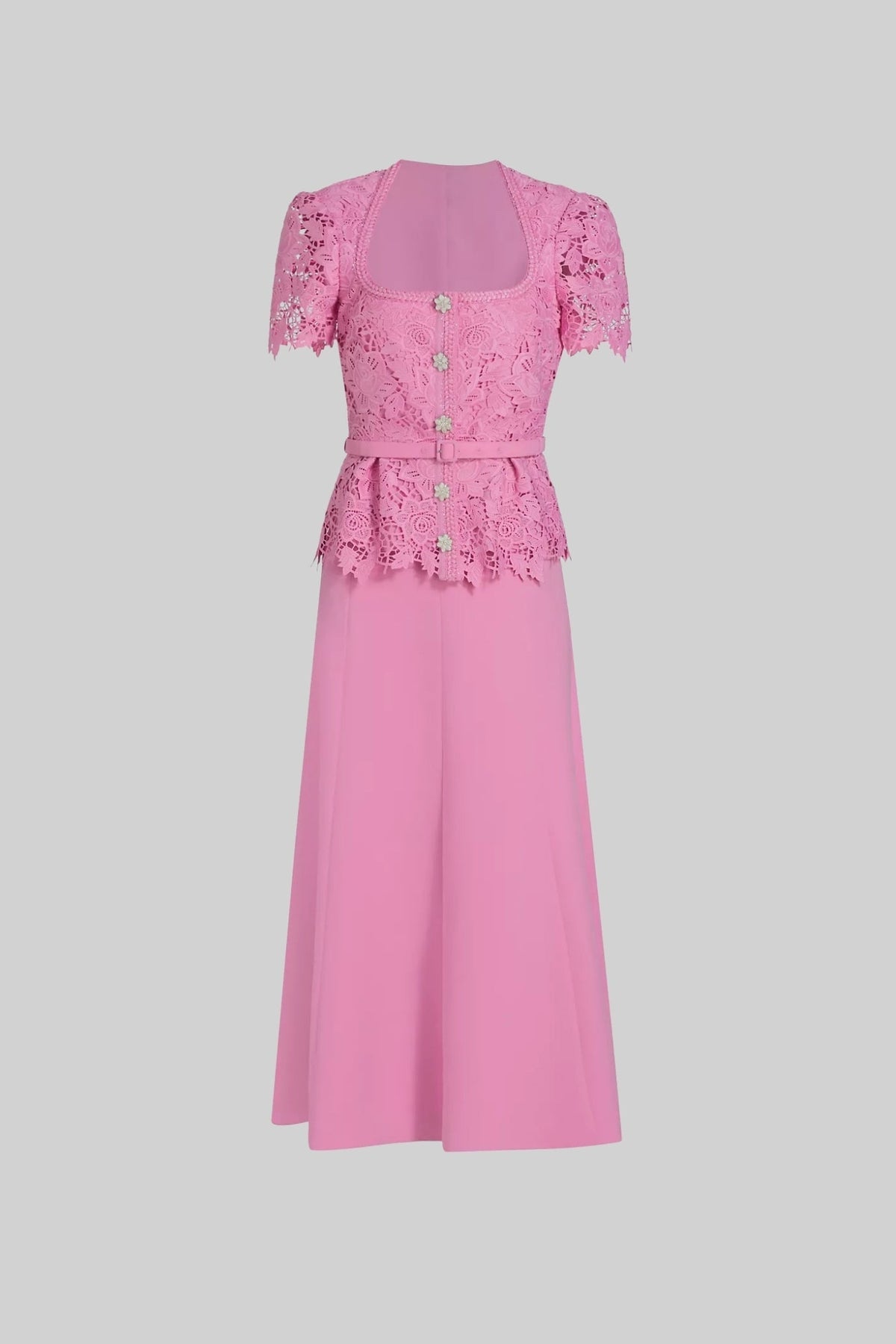 Short Sleeve Lace Top Midi Dress with Matching Belt – Pink – view 2