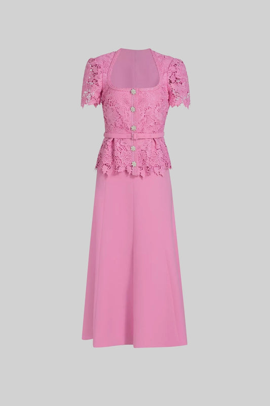 Short Sleeve Lace Top Midi Dress with Matching Belt – Pink – view 2