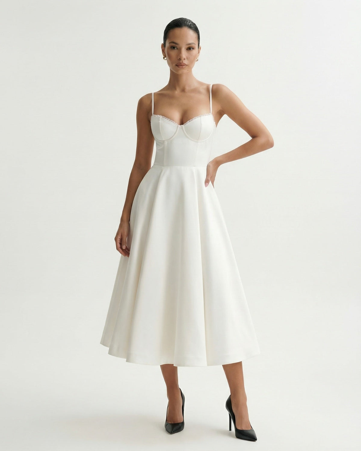 Giulia Duchess Satin Midi Dress with Tulle Underskirt – Ivory White