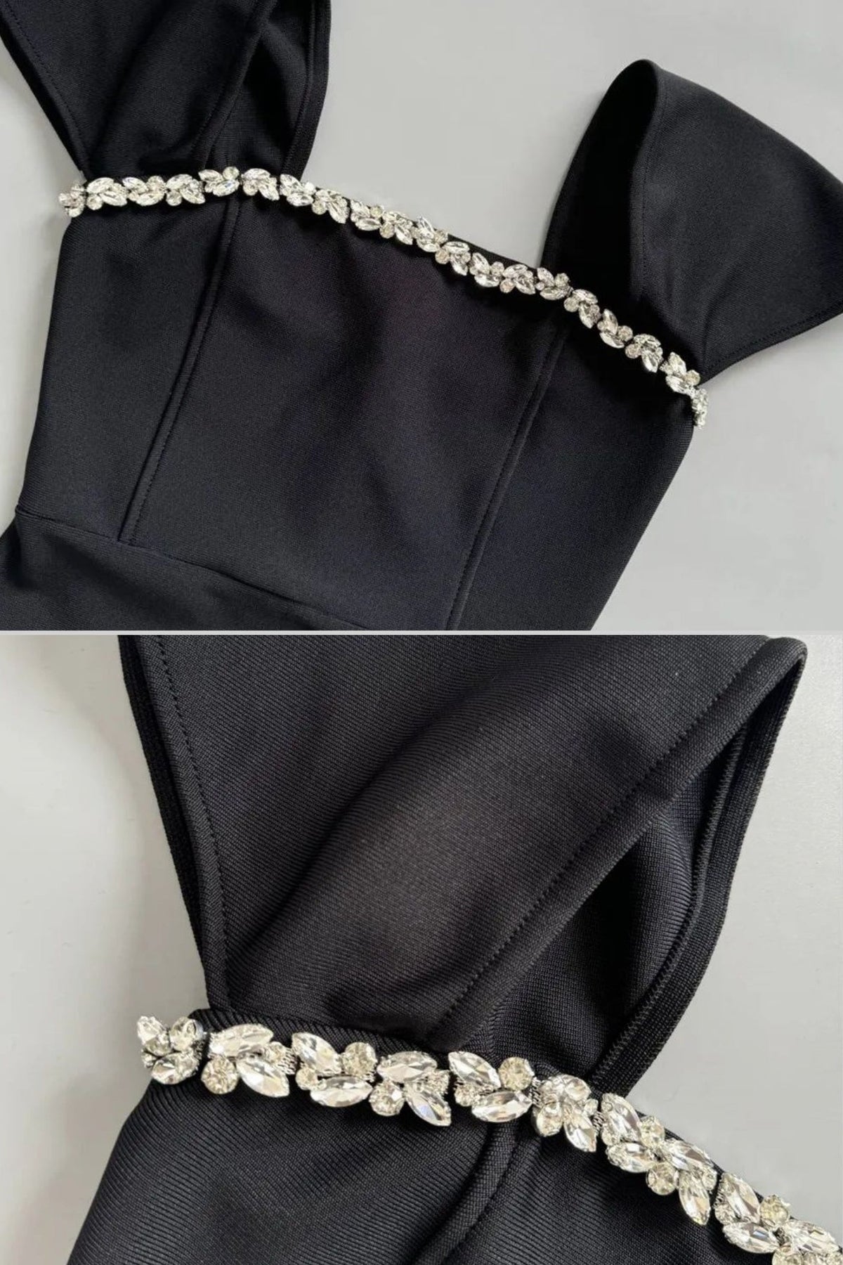 Off-Shoulder Fitted Maxi Gown with Crystal Trim and Cap Sleeves – Black – view 4