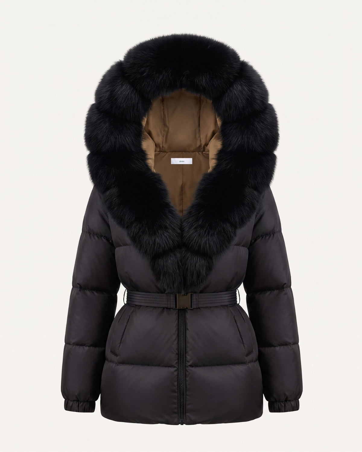 Duck Down Puffer Jacket with Trimmed Hood and Cinched Waist – Black + black – view 1