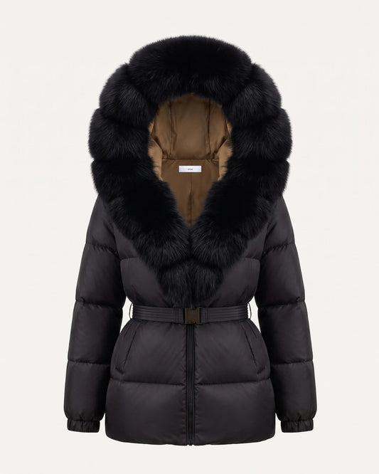 Duck Down Puffer Jacket with Trimmed Hood and Cinched Waist