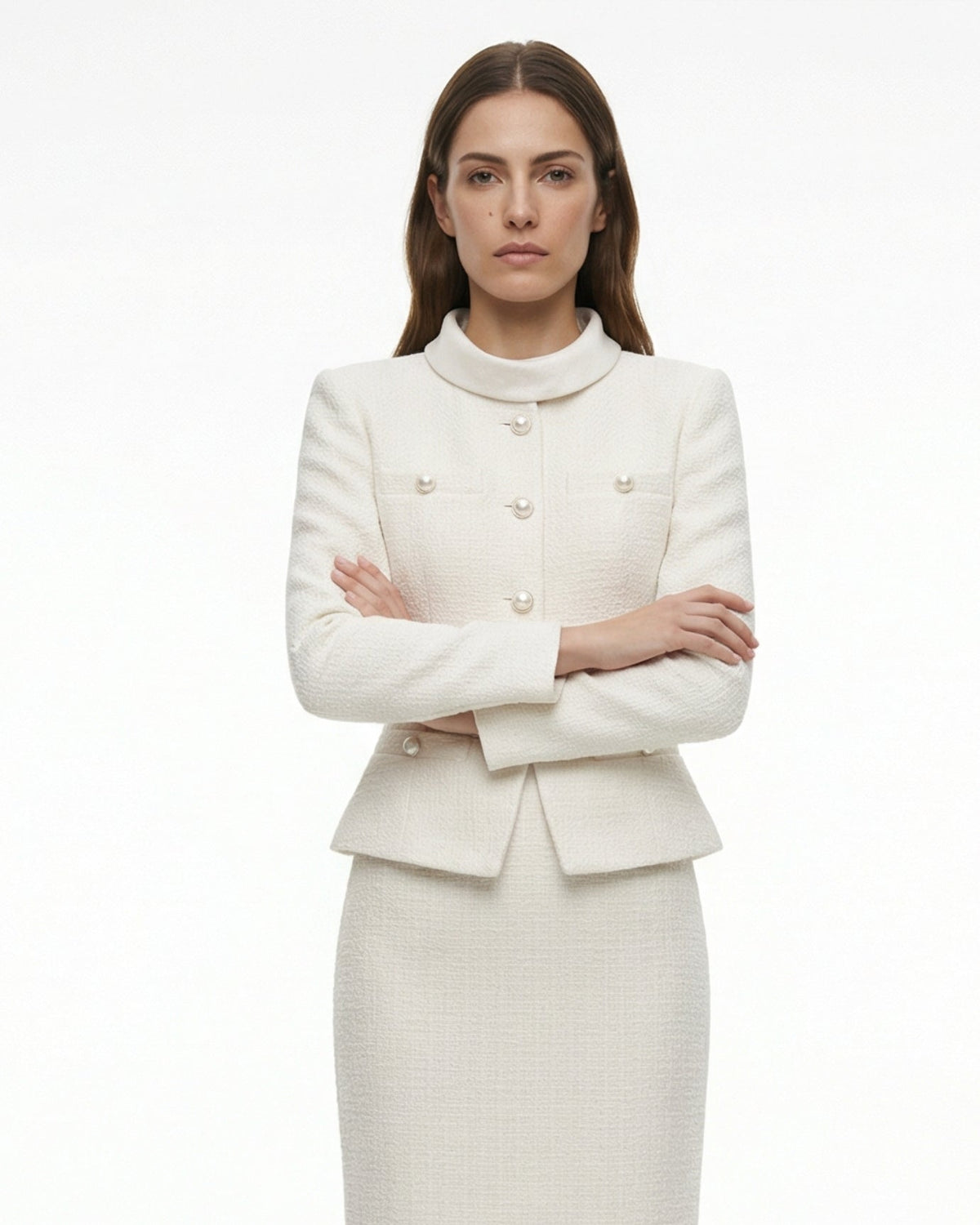 Diana Diamond Collar Longline Suit with Slim Midi Skirt – White
