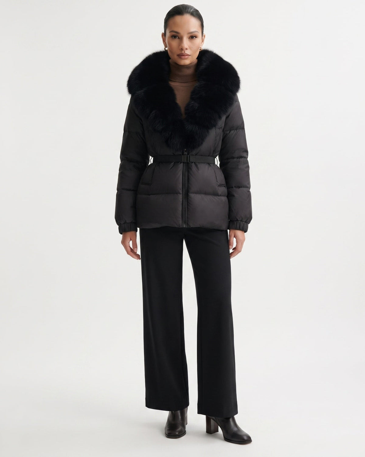 Duck Down Puffer Jacket with Trimmed Hood and Cinched Waist