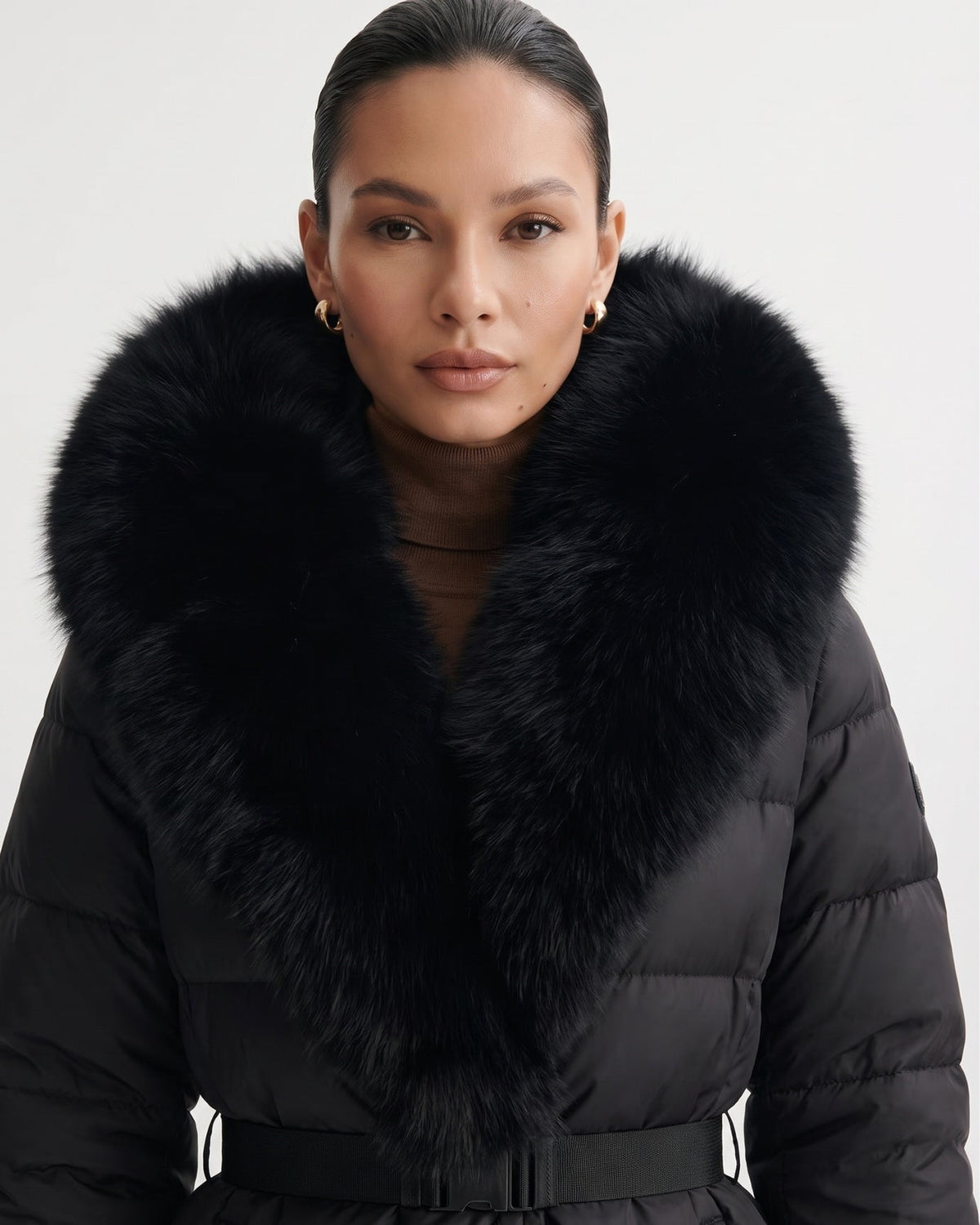 Duck Down Puffer Jacket with Trimmed Hood and Cinched Waist