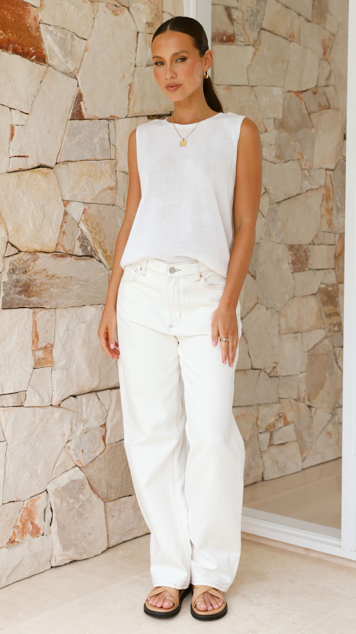 Fareeda Semi-Sheer Knit Tank with Crew Neck – White – view 12
