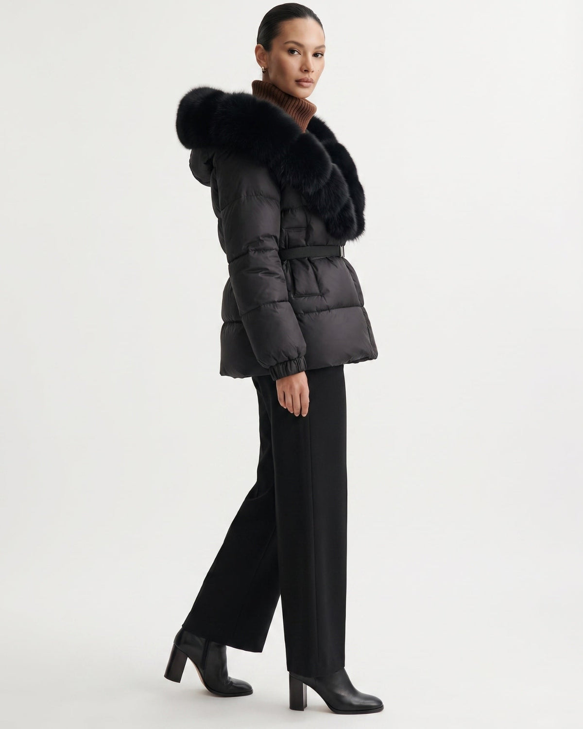 Duck Down Puffer Jacket with Trimmed Hood and Cinched Waist