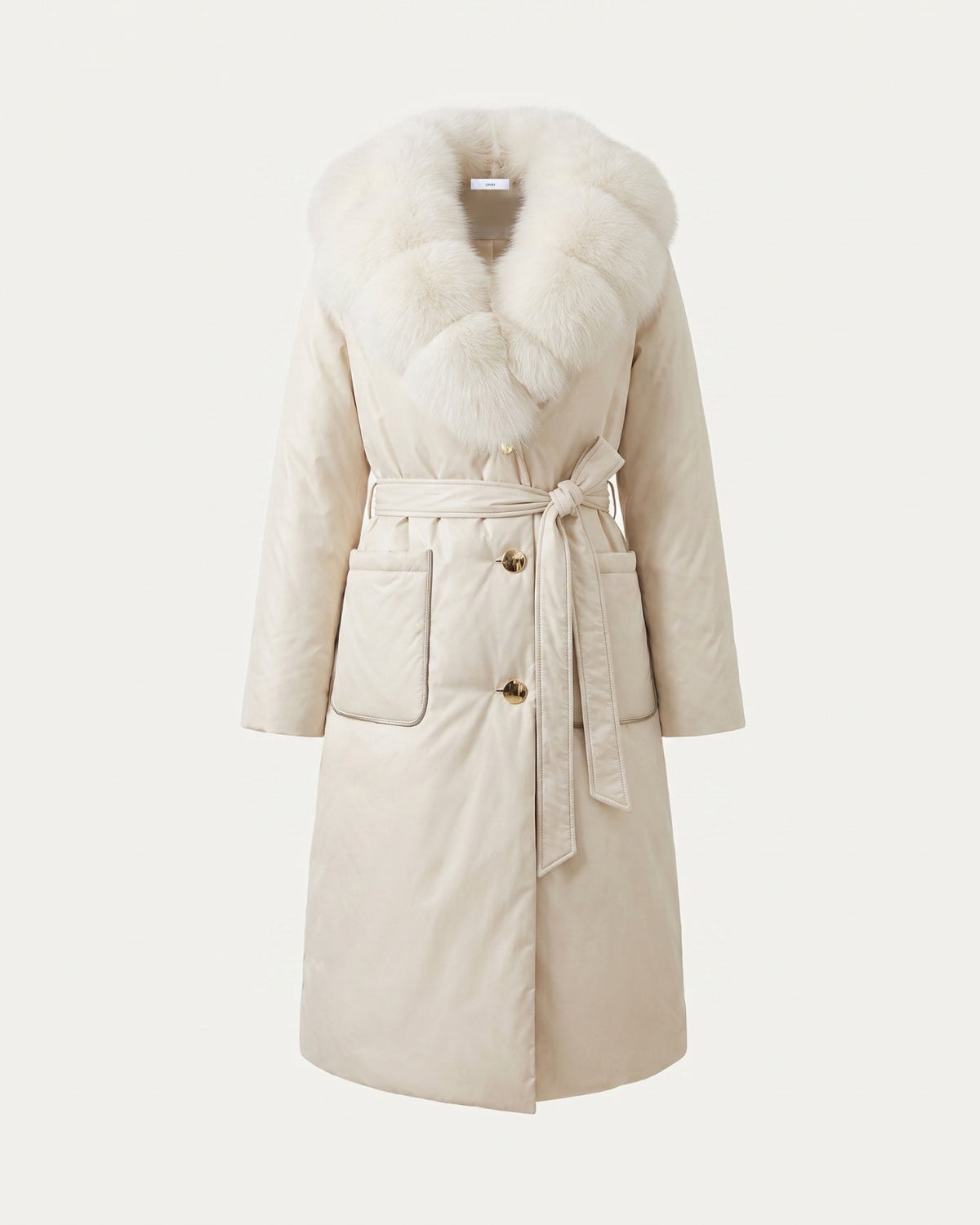 Long Belted Down Coat with Statement Collar