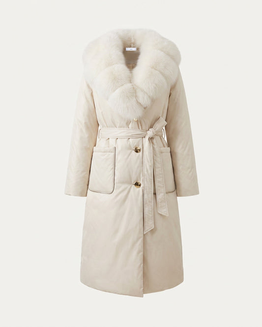Long Belted Down Coat with Statement Collar