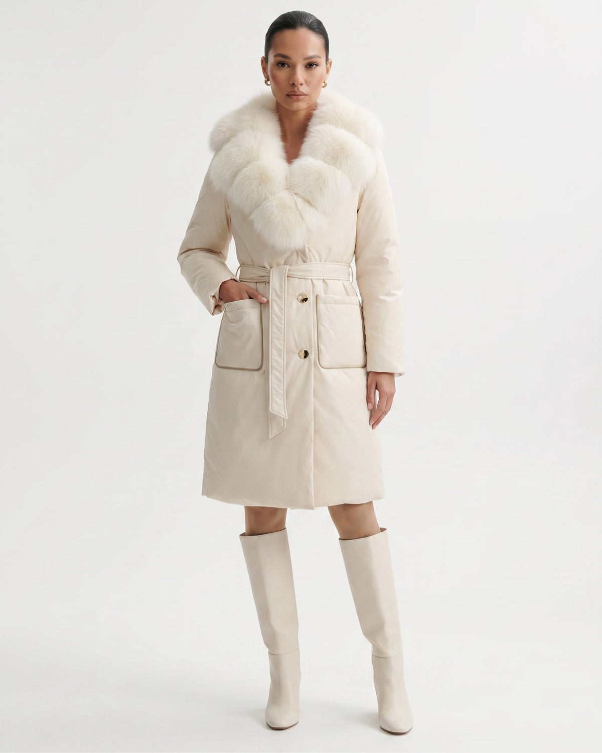 Long Belted Down Coat with Statement Collar – view 2
