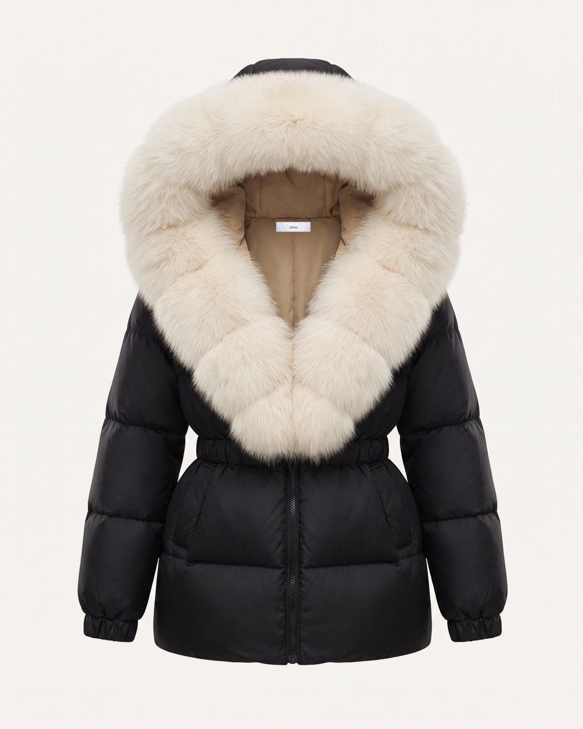 Duck Down Puffer Jacket with Trimmed Hood and Cinched Waist