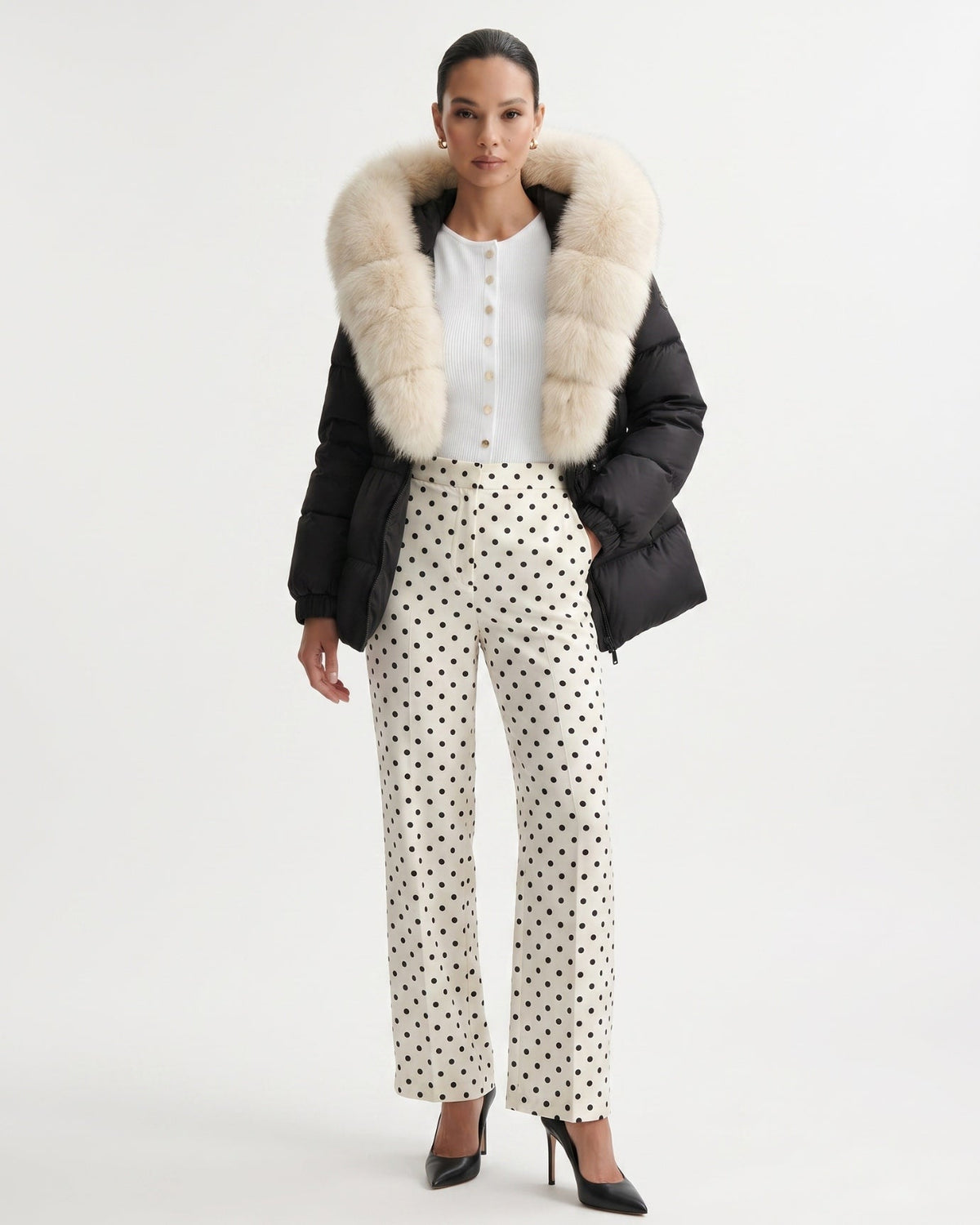 Duck Down Puffer Jacket with Trimmed Hood and Cinched Waist
