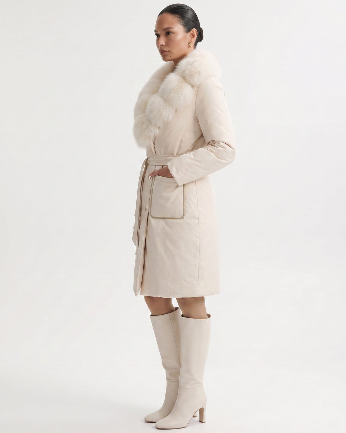 Long Belted Down Coat with Statement Collar