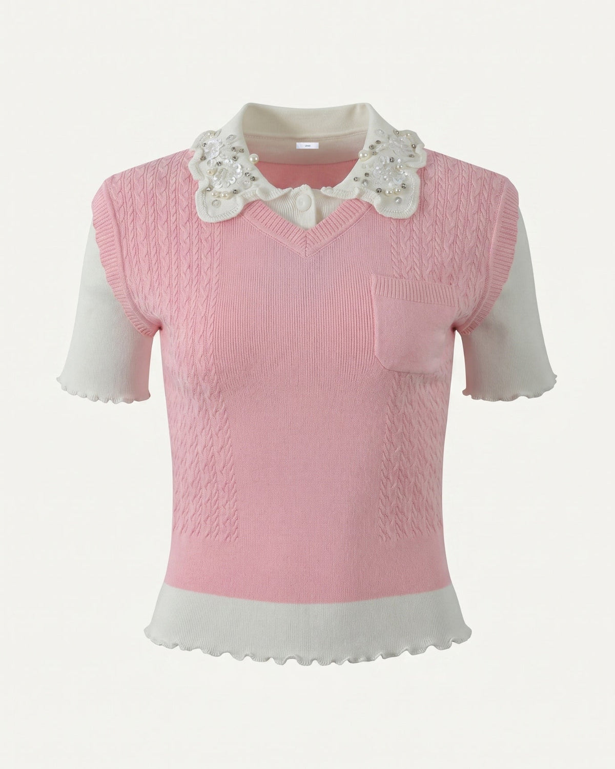 Slim Fit Wool Knitted Top with Lace Polo Collar Detail – Pink – view 1