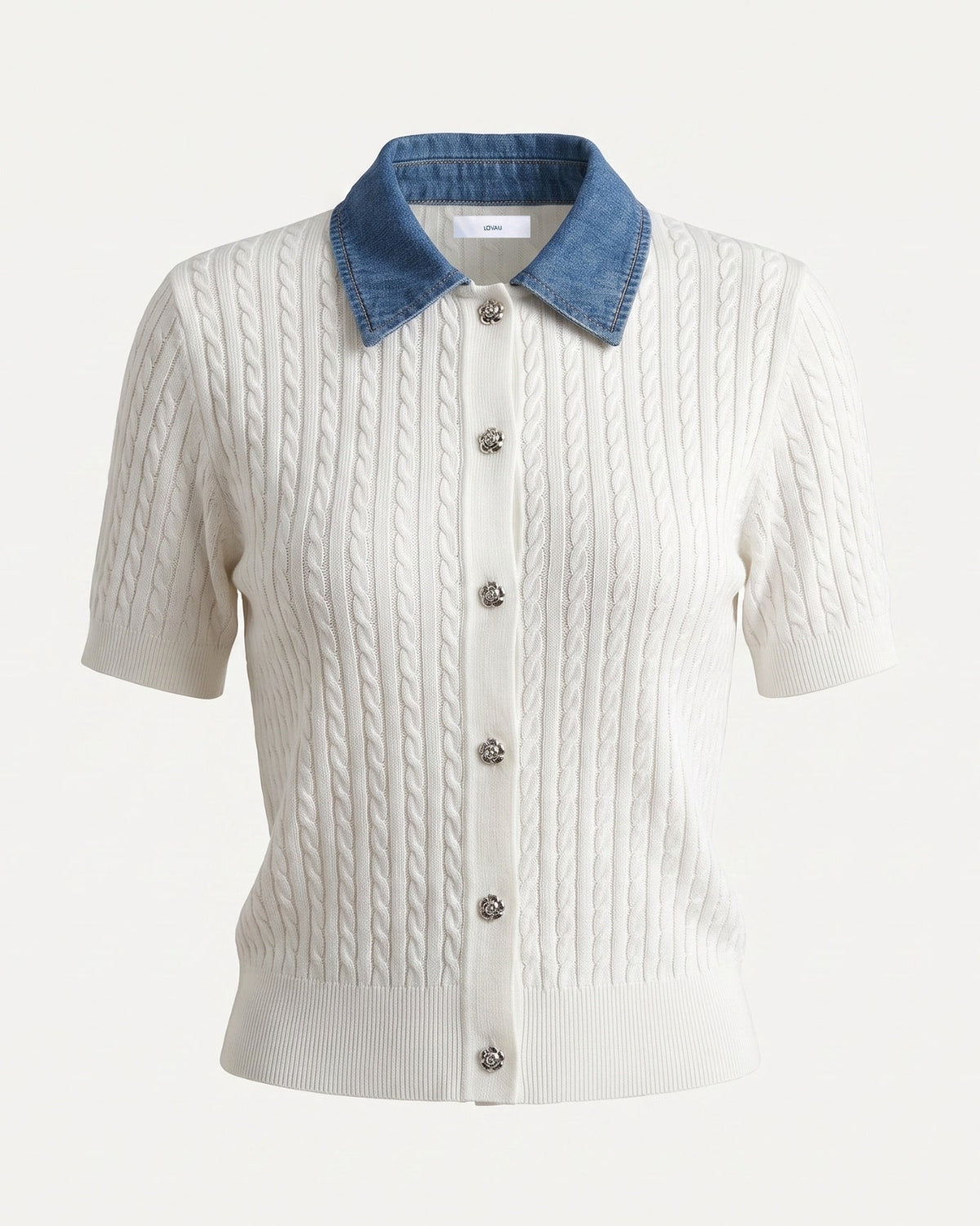 Tailored Knit Polo Top with Denim Lapel Collar