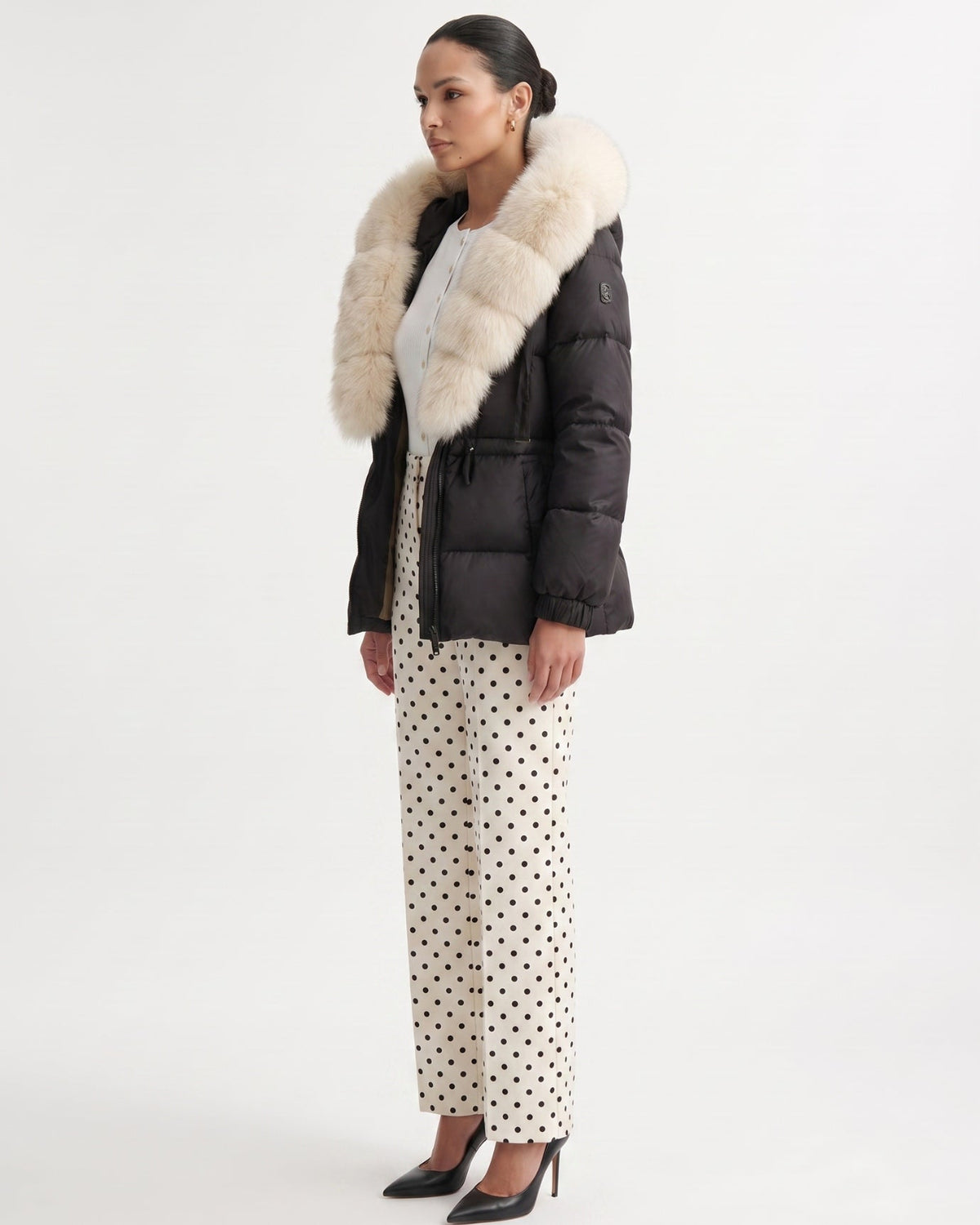 Duck Down Puffer Jacket with Trimmed Hood and Cinched Waist – view 6