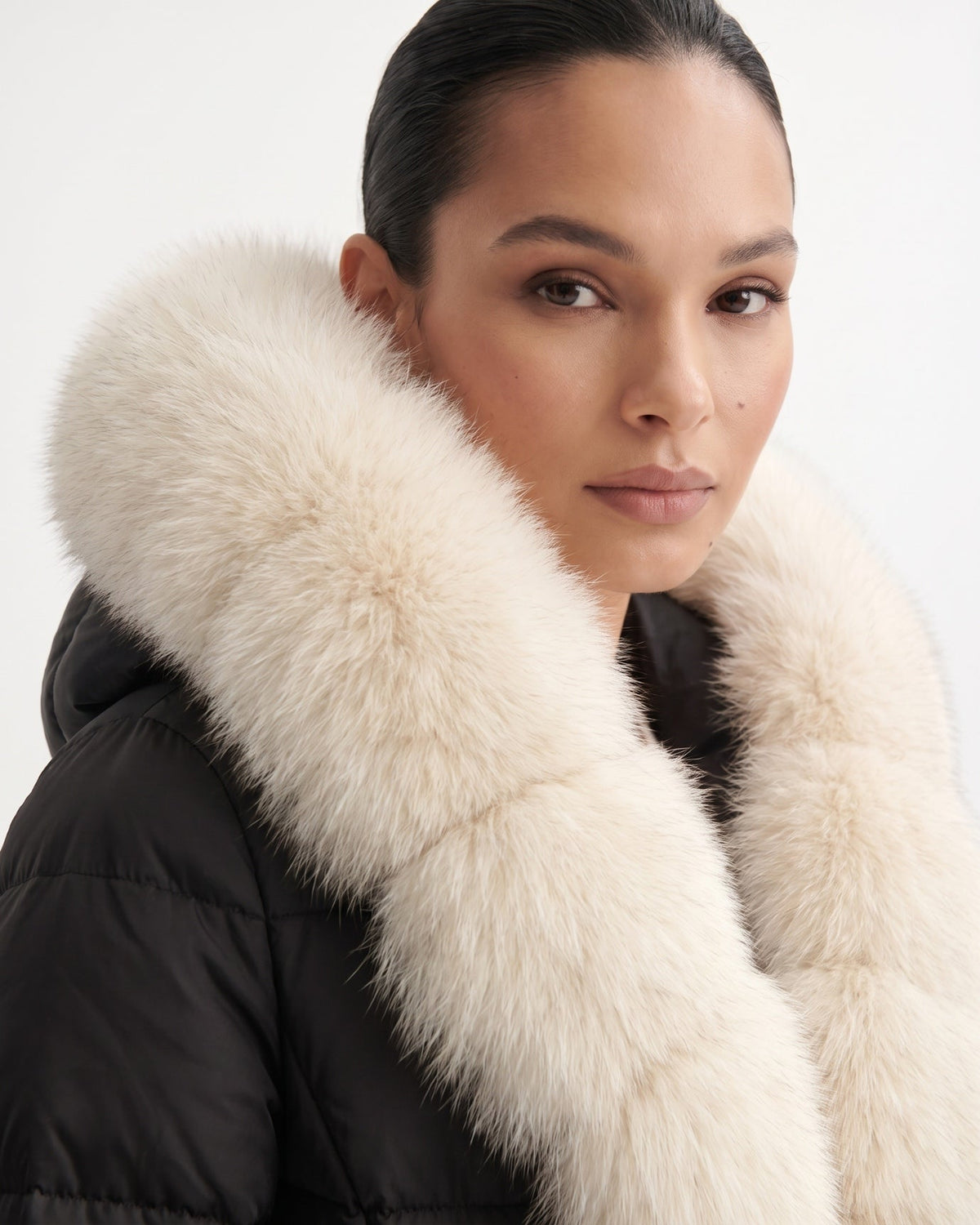 Duck Down Puffer Jacket with Trimmed Hood and Cinched Waist