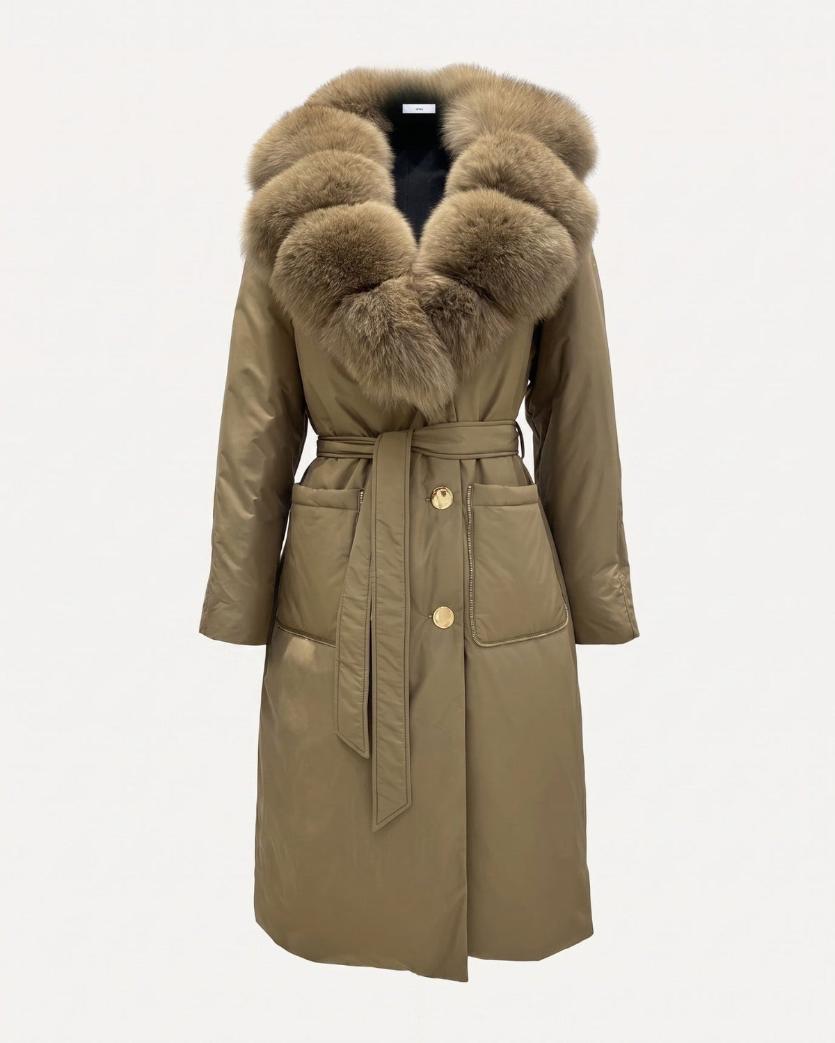 Long Belted Down Coat with Statement Collar