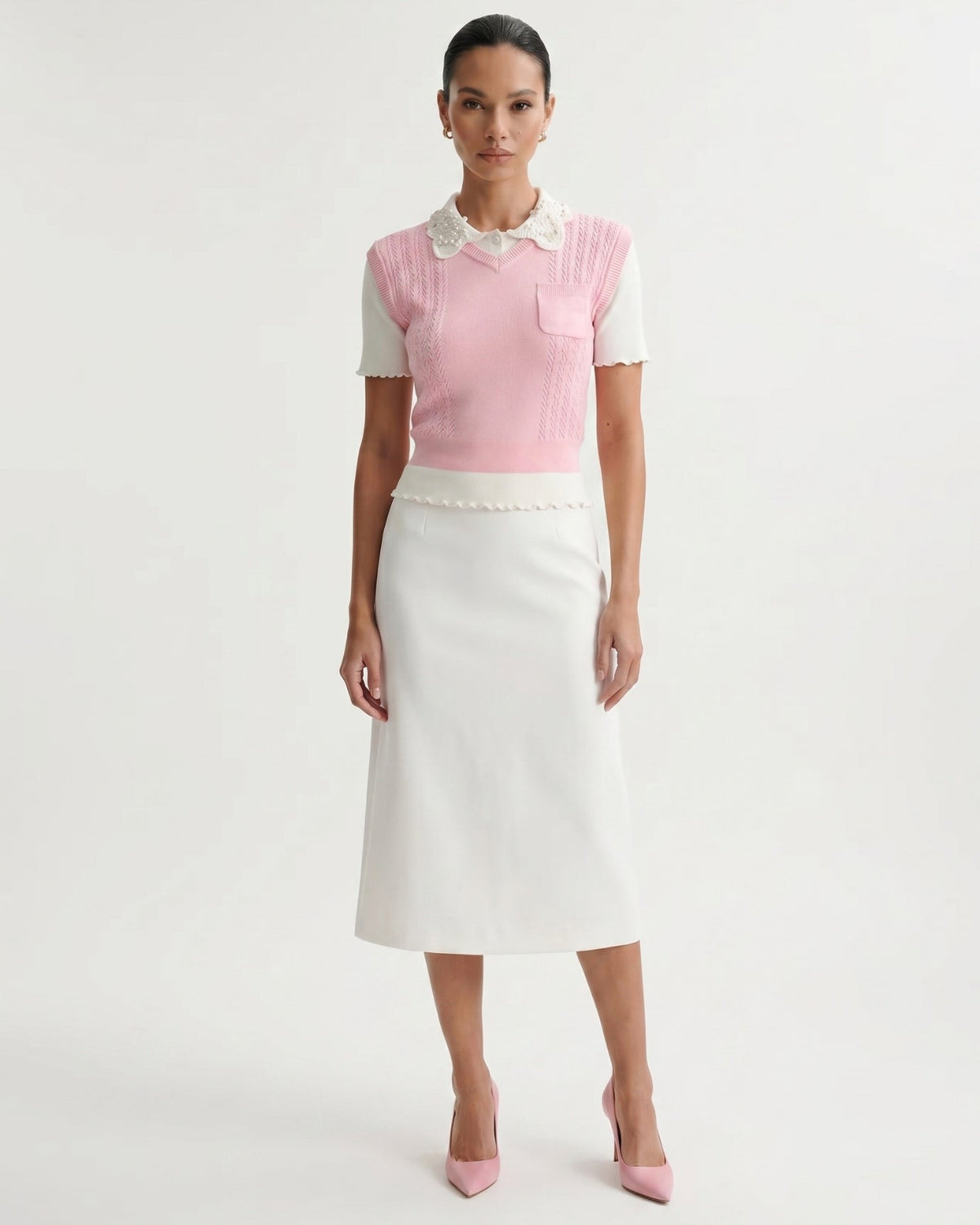 Slim Fit Wool Knitted Top with Lace Polo Collar Detail – view 3