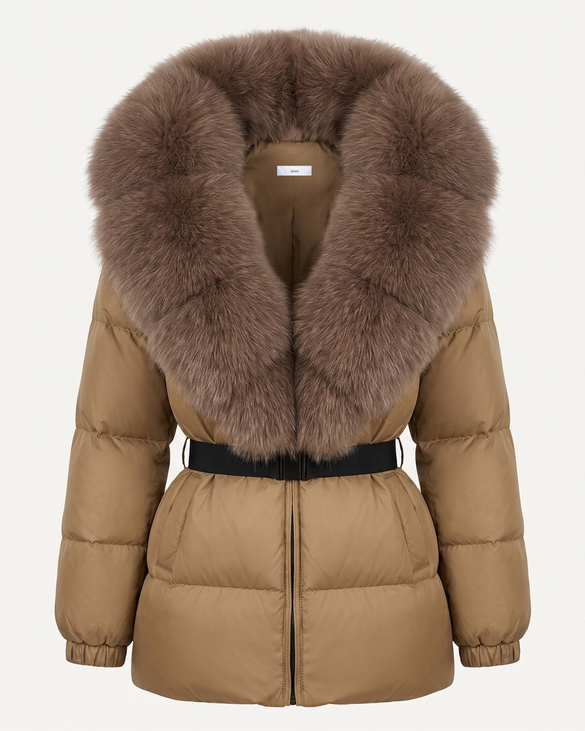 Duck Down Puffer Jacket with Trimmed Hood and Cinched Waist
