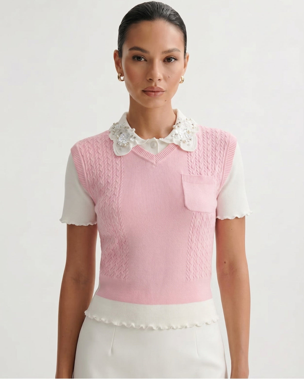 Slim Fit Wool Knitted Top with Lace Polo Collar Detail – view 4