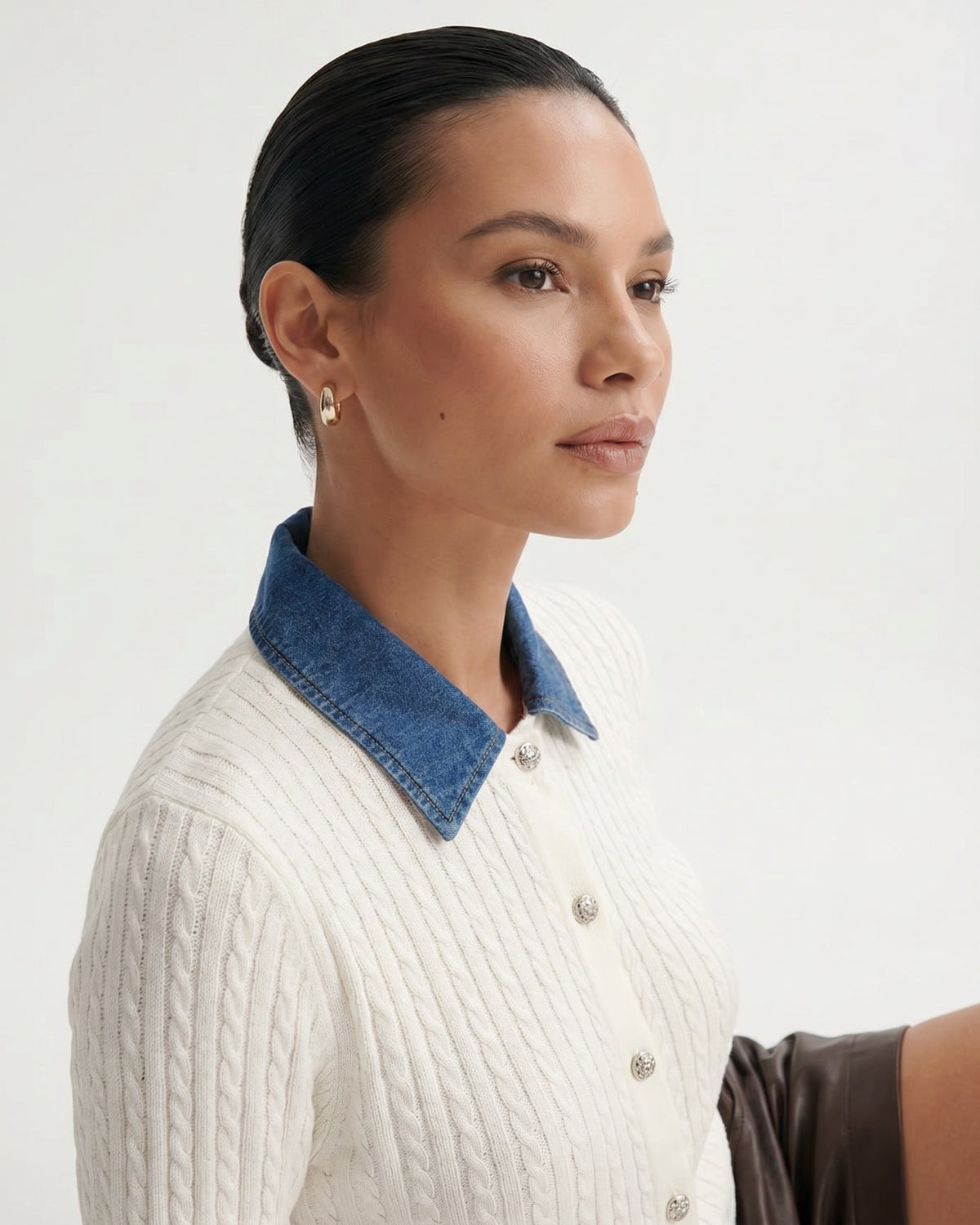 Tailored Knit Polo Top with Denim Lapel Collar