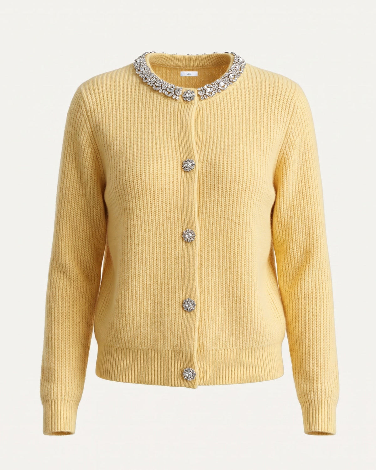 Round Neck Diamond Pattern Knit Pure Cashmere Cardigan – Yellow – view 1