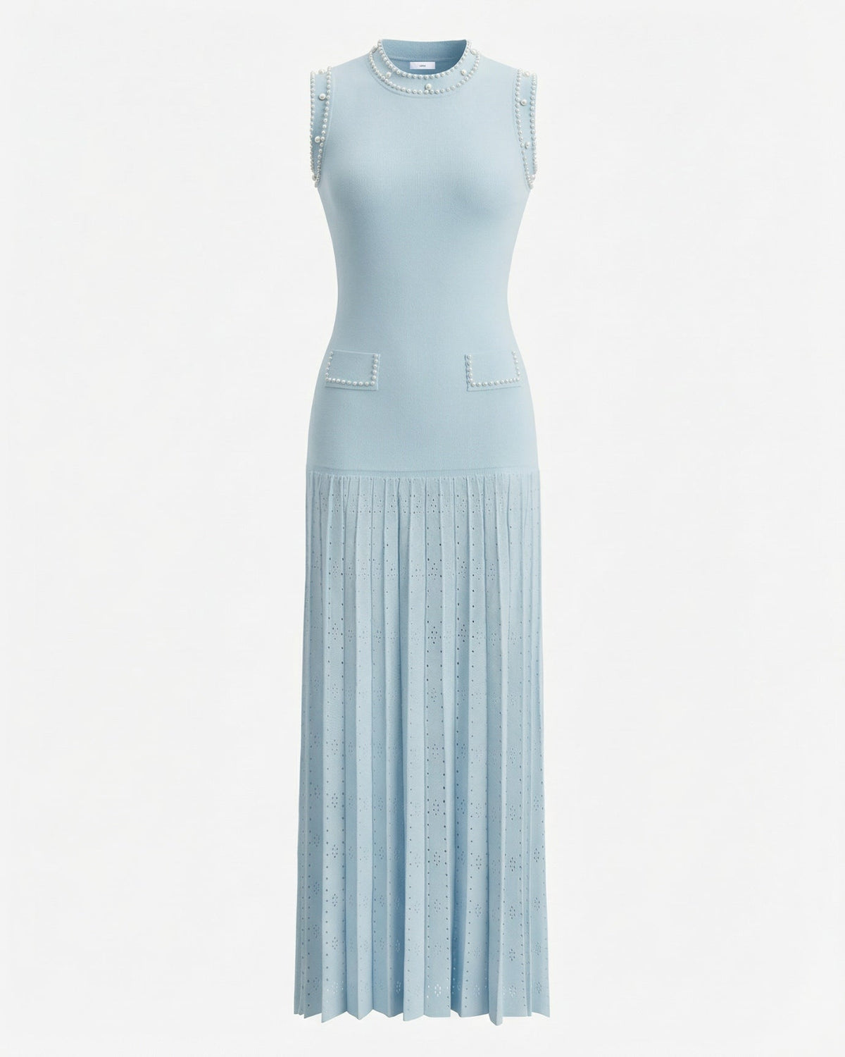 Hamptons Beaded Neck Lace Panel Slim Fit Fishtail Knit Dress – Light Blue – view 1